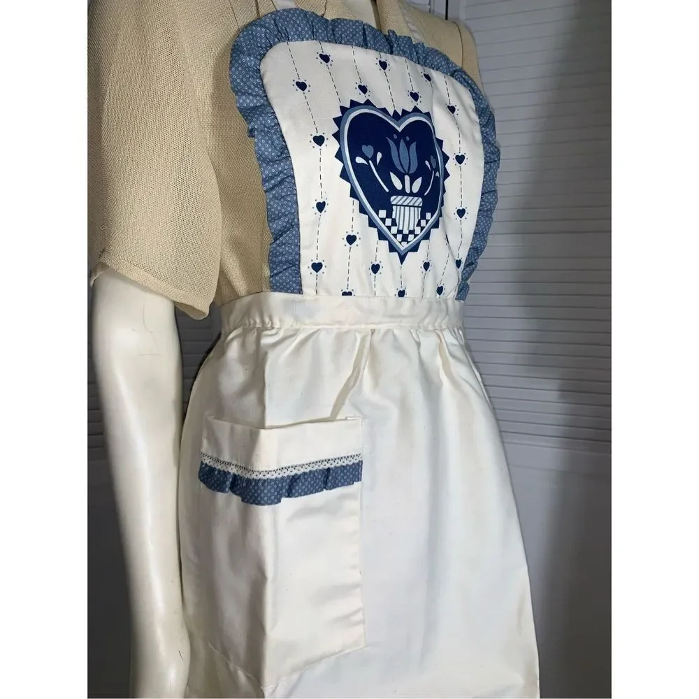 NWOT Vintage Full Apron Blue Country Kitchen Blue Hearts Adult Size‎